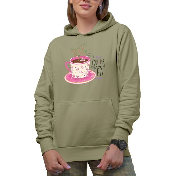 You, Me and a Cup of Tea Quote with Cute Hand Drawn Teacup, Valentine's Day Art Merch Gift, Sand Hooded Sweatshirt or Hoodie, Medium
