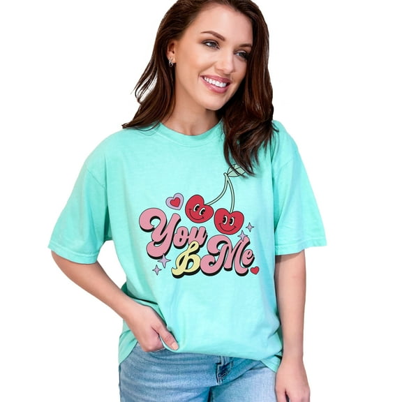 You & Me with Cherries, Retro Valentine's Day Art, Chalky Mint Comfort Colors T-Shirt, XL