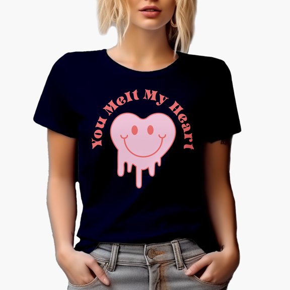 You Melt My Heart with Retro Melting Smiling Face Art, Valentine's Day Gift, Navy Blue T-Shirt, Medium