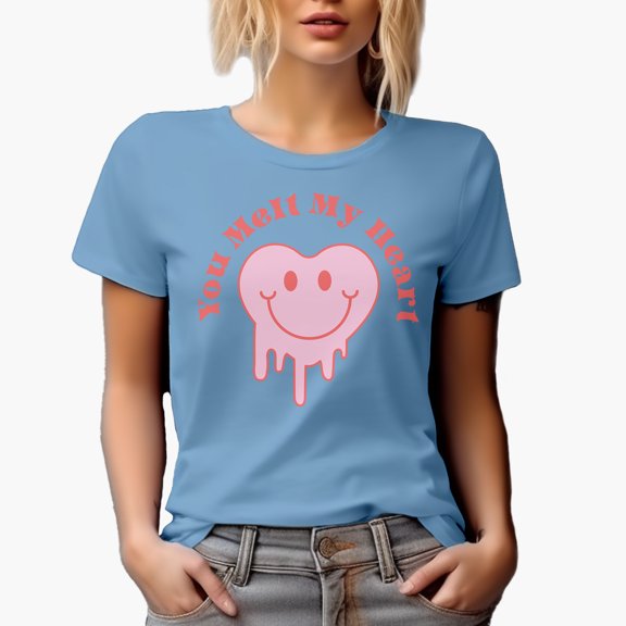 You Melt My Heart with Retro Melting & Smiling Face, Valentine's Day Art Merch Gift, Baby Blue T-Shirt, Large
