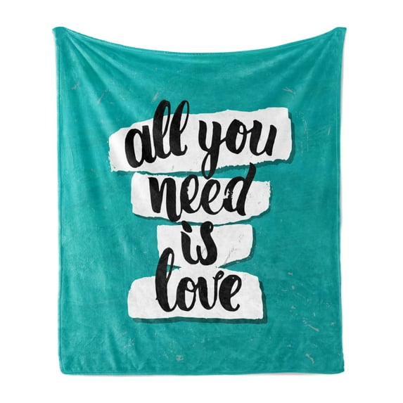 All You Need Is Love Soft Flannel Fleece Blanket, Creative Graphic Design with Brush Fonts Inspirational Words, Cozy Plush for Indoor and Outdoor Use, 50" x 70", Teal Black and White, by Ambesonne