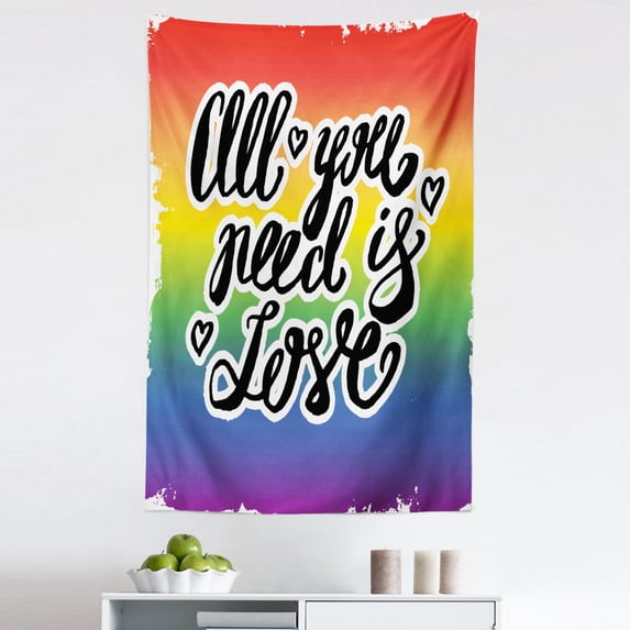 All You Need Is Love Tapestry, Gay Pride Slogan with Hand-written Lettering on Rainbow Spectrum Flag, Fabric Wall Hanging Decor for Bedroom Living Room Dorm, 5 Sizes, Multicolor, by Ambesonne