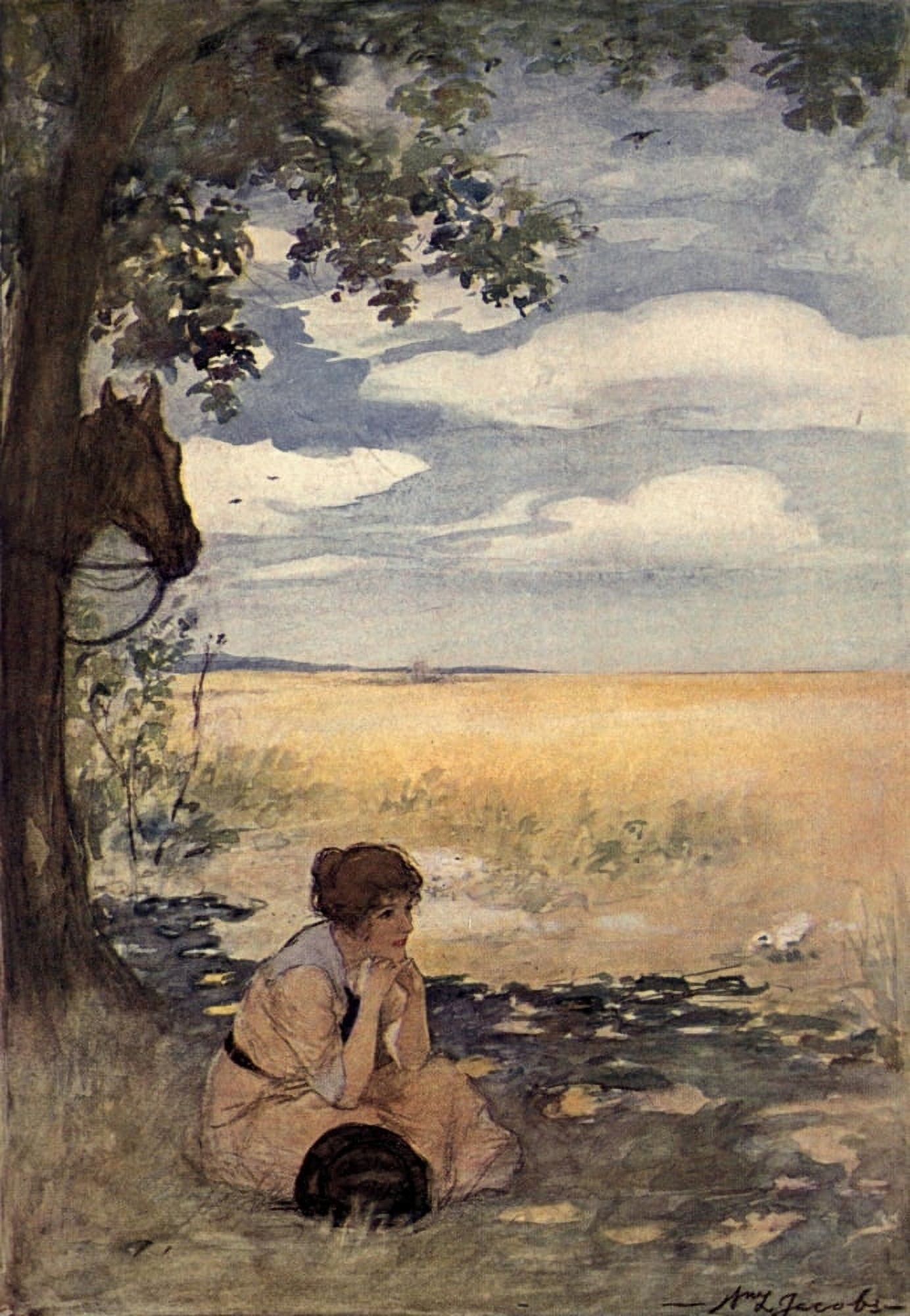 You Never Know your Luck 1914 Girl under tree Canvas Art - WL Jacobs (18 x 24)