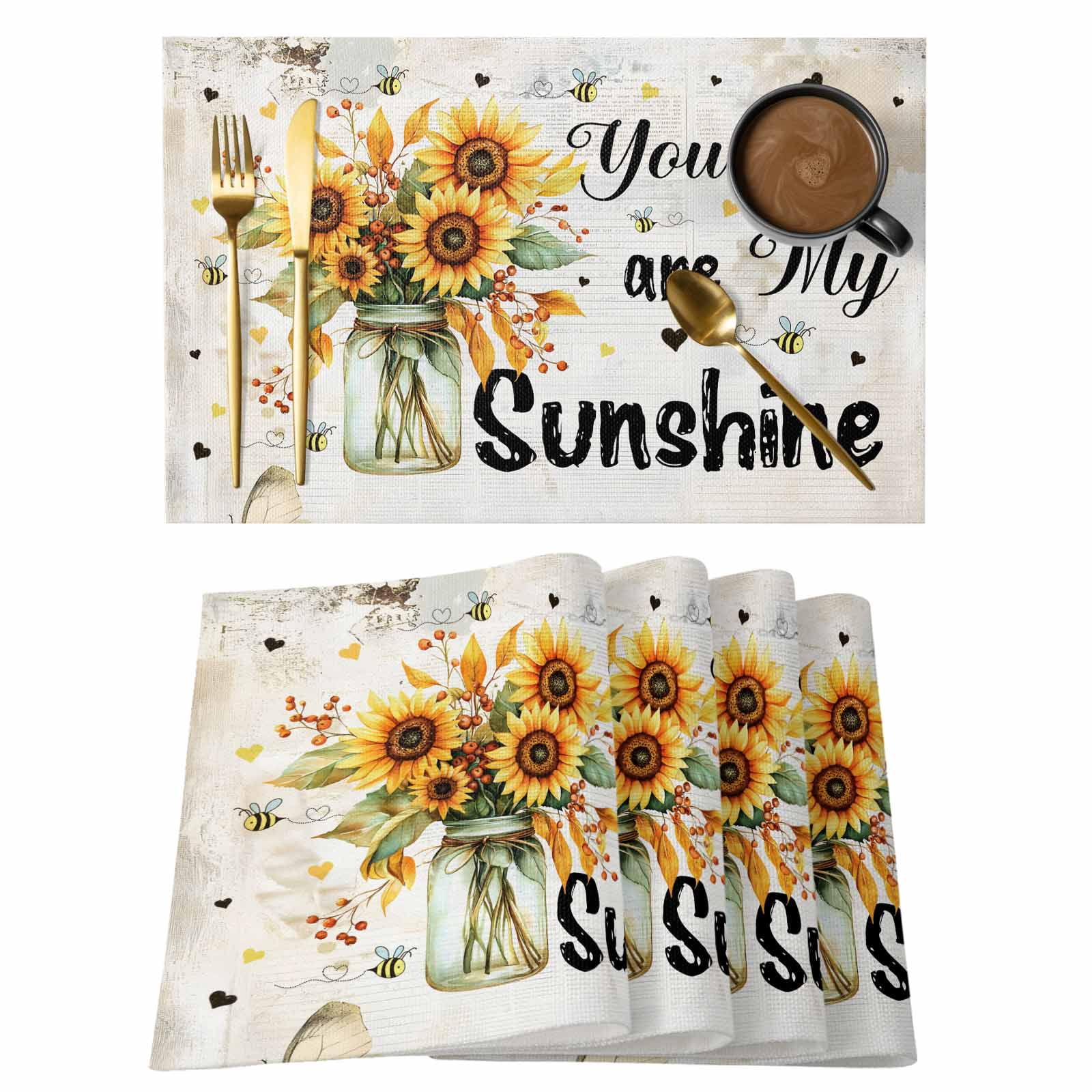 You Are Placemats Set of 6, My Sunshine Vintage Sunflower Butterfly ...