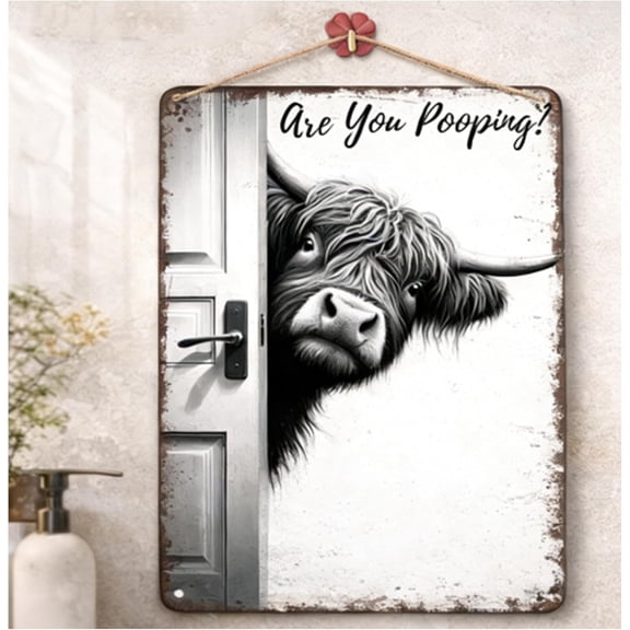 Are You Pooping Highland Cow Sign, 2026 New 16 Inch The Cheeky Visitor: Vintage Highland Cow Sign, Black and White Bathroom Wall Decor for Western & Highland Cow Lovers