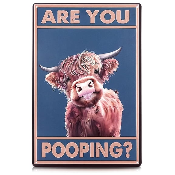 Are You Pooping Highland Cow Sign - Funny Bathroom Decor Metal Sign with Anti-Rust Coating 12x8 Inch - Highland Cow Decor for Home, Tin Wall Art – Farmhouse Art