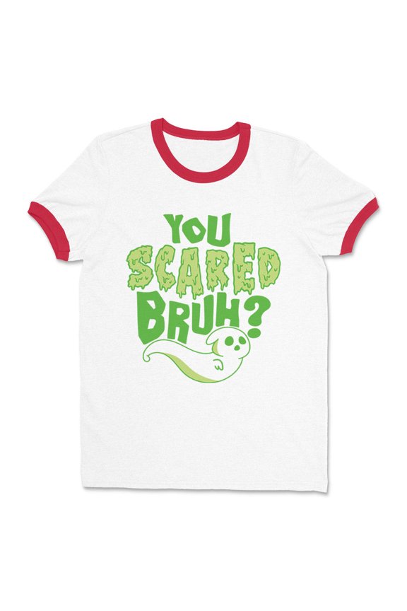 You Scared Bruh Ringer Tee Shirt Unisex Large White/Red
