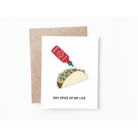 You Spice Up My Life Taco Greeting Card – Fun Sriracha Design – Blank Inside for Personal Messages – Perfect for Foodie Friends, Birthdays, and Celebrations