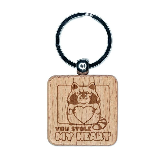 You Stole My Heart Raccoon Love Anniversary Valentine's Day Square Keychain Charm Tag - Engraved Wood