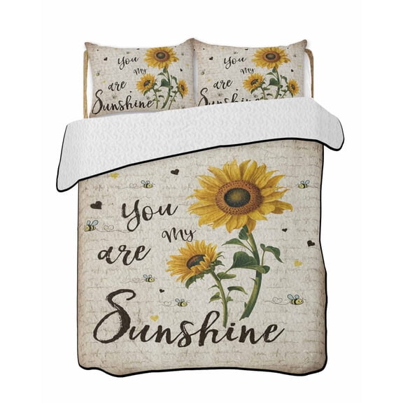 You Are My Sunshine 3 Piece Quilt Bedding Set with 2 Pillow Shams, Vintage Sunflowers Newspaper Texture Lightweight Bedspread Coverlet, Soft Breathable All Season Quilt, 96 x 106 Inch