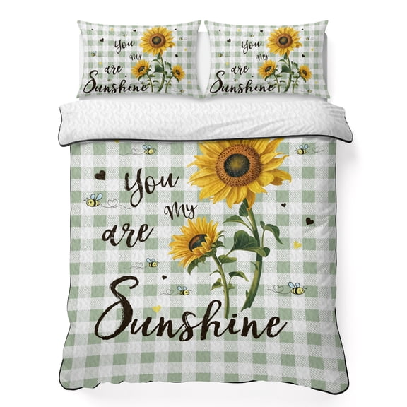 You Are My Sunshine 3 Piece Quilt Bedding Set with 2 Pillow Shams, Vintage Yellow Sunflower Floral Bees Sage Green Plaid Lightweight Bedspread Coverlet, Breathable All Season Quilt, 96 x 106 Inch