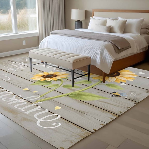 You Are My Sunshine 6x9 Rug for Dining Room Table and Chair Setup, Watercolor Sunflowers Floral Bees Wood Grain Low Pile Washable Non Slip Rectangle Area Rug