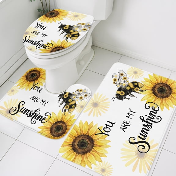 You Are My Sunshine Bathroom Rugs Set Rustic Farmhouse Yellow Sunflower Bumblebee Non Slip Absorbent Soft Bath Mats 3 Piece Set with Bathroom Rug, U-Shaped Floor Mat, Toilet Seat Cover Large Size