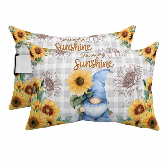 You Are My Sunshine Blue Gnome Outdoor Pillow for Chaise Lounge Chair,Farm Sunflowers Waterproof Headrest Lumbar Pillows with Insert&Elastic Strap for Patio Pool Garden Chairs Decor,2 Pack