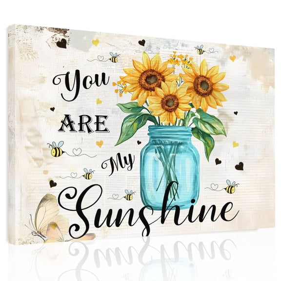 You Are My Sunshine Canvas Print Wall Art, Vintage Sunflower Bee Farm Wall Decor Modern Artwork Paintings Pictures for Living Room Framed and Stretched Ready to Hang, 24" x 32"