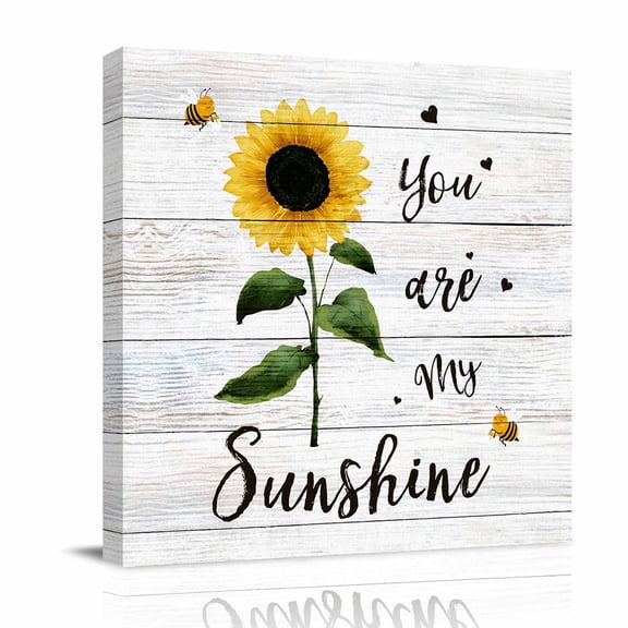 You Are My Sunshine Canvas Wall Art for Living Room, Country Watercolor Sunflower Floral Bees Wood Grain Poster Print Painting for Bedroom Office Home Decoration Wall Pictures Prepare To Hang 8"x8"