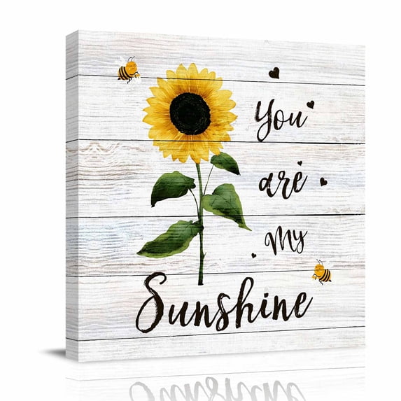 You Are My Sunshine Canvas Wall Art for Living Room, Country Watercolor Sunflower Floral Bees Wood Grain Poster Print Painting for Bedroom Office Home Decoration Wall Pictures Prepare To Hang 12"x12"