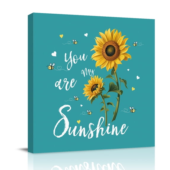You Are My Sunshine Canvas Wall Art for Living Room, Vintage Country Yellow Sunflower Floral Bees Heart Teal Poster Print Painting for Bedroom Office Home Decor Wall Pictures Prepare To Hang 10"x10"