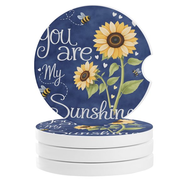 You Are My Sunshine Car Coasters for Cup Holders Set of 4 Absorbent, Ceramic Drinks Cupholder Coasters with Finger Notch Yellow Sunflowers Cute Bees Heart Blue Auto Interior Accessories for Women