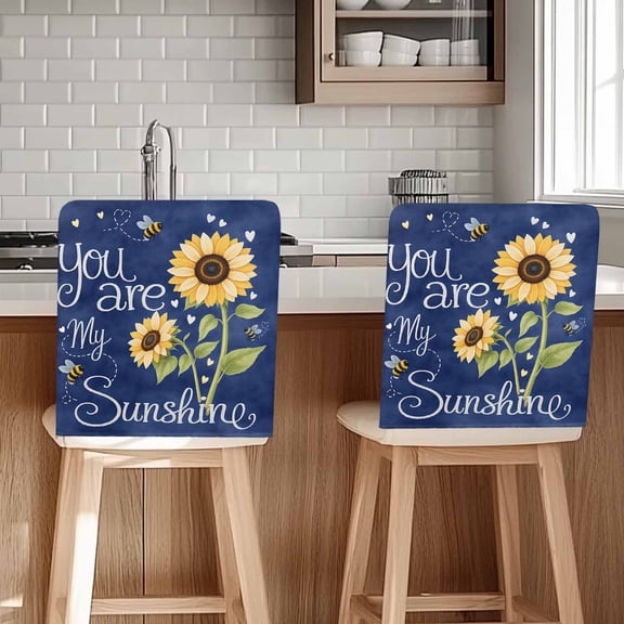You Are My Sunshine Chair Back Cover for Dining Room, Yellow Sunflowers Cute Bees Heart Blue Removable Kitchen Chair Slipcovers, Washable Seat Protector for Restaurant Party Banquet Wedding Décor