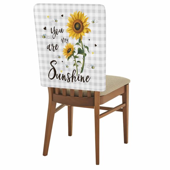 You Are My Sunshine Chair Back Covers Set of 8 Vintage Yellow Sunflower Floral Bees Light Grey Plaid Removable Dining Chair Slipcovers Washable Seat Protector for Restaurant Party Banquet Decor