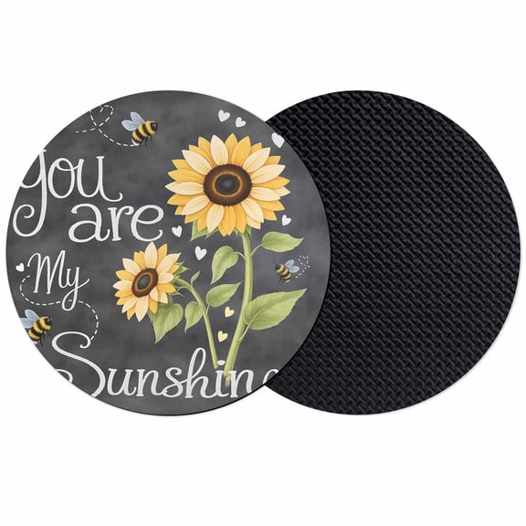 You Are My Sunshine Coasters Set of 2, Yellow Sunflowers Cute Bees Heart Dark Gray Absorbent Coasters for Drinks, Coaster for Bar Office Dining Coffee Table Decor, Non Slip Round Desk Coaster