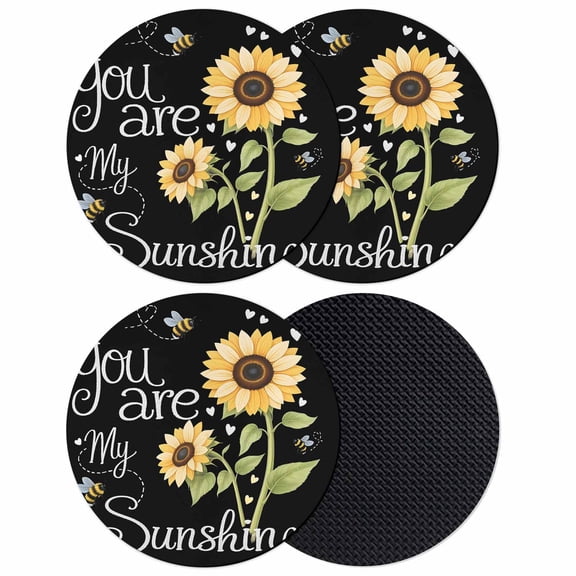 You Are My Sunshine Coasters Set of 4, Absorbent Coasters for Drinks, Yellow Sunflowers Cute Bees Heart Black Coaster for Desk Coffee Table Protection, Home Decor House Warming Gifts 4"