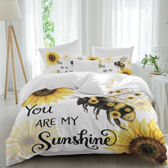 You Are My Sunshine Comforter Set California King Size, Rustic Farmhouse Yellow Sunflower Bumblebee Soft Bedding Set for Man Woman, 4 Pieces Duvet Cover Set with Fitted Sheet, 2 Pillowcases