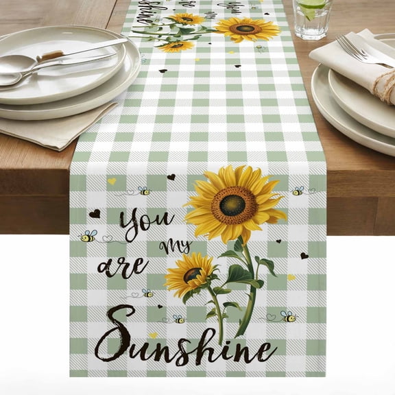 You Are My Sunshine Cotton Linen Table Runner Vintage Yellow Sunflower Floral Bees Sage Green Plaid Dining Table Runners for Home Decor Party Dining Room Restaurant Kitchen 13" x 36"