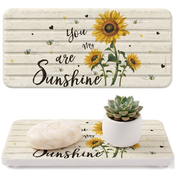 You Are My Sunshine Diatomaceous Earth Coasters, Vintage Yellow Sunflower Floral Bees Newspaper Texture Water Absorbent Diatomite Coaster, Bathroom Tray Stone Kitchen Sink Tray 8.3x4in