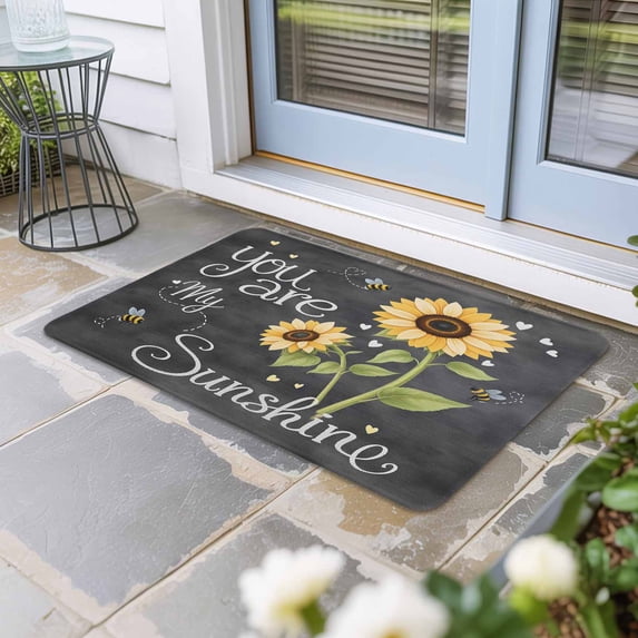 You Are My Sunshine Door Mat Indoor Outdoor,Yellow Sunflowers Cute Bees Heart Dark Gray Non Slip Welcome Mat with Rubber Backing,Absorbent Front Door Mats Entryway Rug for Home Patio Entrance 16"x24"