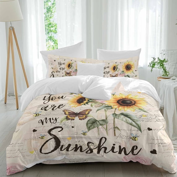You Are My Sunshine Duvet Cover Set Queen Size Sunflower Flowers Bee Farm Soft Lightweight Comforter Covers 4 Piece Bedding Set with 1 Duvet Cover 1 Bed Sheet & 2 Pillow Shams