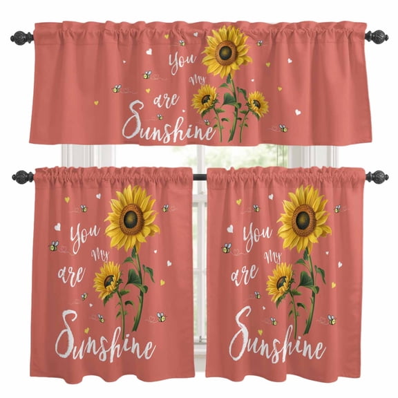 You Are My Sunshine Kitchen Curtains Valances and Tiers Set of 3 Vintage Country Yellow Sunflower Floral Bee Heart Sky Red Tier Curtains and Valance with Rod Pocket for Small Windows, 27.5"x24"