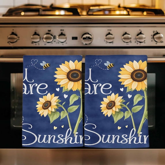 You Are My Sunshine Kitchen Towels Set of 3, Yellow Sunflowers Cute Bees Heart Blue Absorbent Dish Towels for Kitchen, Microfiber Hand Towel, Quick Drying Tea Towel for Cleaning Decorative Dishcloths