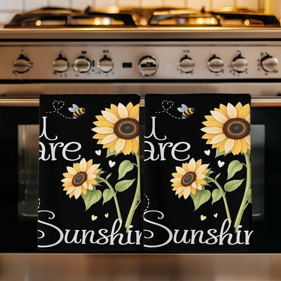 You Are My Sunshine Kitchen Towels Set of 4, Yellow Sunflowers Cute Bees Heart Black Absorbent Dish Towels for Kitchen, Microfiber Hand Towel,Quick Drying Tea Towel for Cleaning Decorative Dishcloths