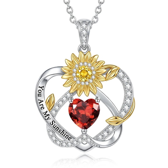 You Are My Sunshine Necklaces for Women Sterling Silver Sunflower Heart Necklace Sunflower Pendant Jewelry Garnet Birthstone Necklace Birthday Gifts for Women Mom