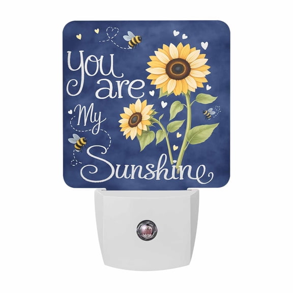 You Are My Sunshine Night Lights, Watercolor Sunflowers Floral Bees Navy Blue Smart Auto Dusk to Dawn Sensor Nightlights Plug-in Nightlight for Bedroom Bathroom Living Room Kitchen Hallway