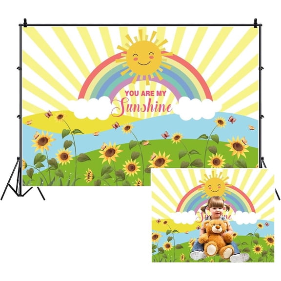 You are My Sunshine Photography Backdrop Sunflower Garden Princess Theme Girls Birthday Party Baby Shower Background Sun Rainbow Stripes River Butterfly Party Banner Photo Studio Props