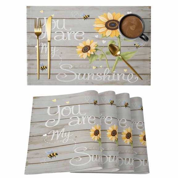 You Are My Sunshine Placemats Set of 12, Yellow Sunflowers Cute Bees Heart Retro Wood Placemats for Dining Table, Place Mats for Kitchen Tabletop, Waterproof Wipeable Dining Table Mats Set