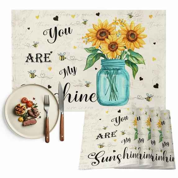 You Are My Sunshine Placemats Set of 8, Vintage Sunflower Motivational Quotes Table Mats Washable Heat-Resistant Non-Slip Place Mats for Kitchen Dinner Table Indoor Outdoor Decor,13x19 Inch