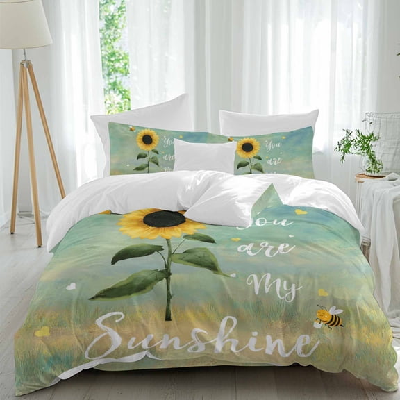 You Are My Sunshine Queen Size Comforter Set, Country Sunflower Floral Bees Yellow Green Bedding for All Seasons, 4 Pcs Bed Set, 1Quiltcover (90"x92") ,1Sheet(94"x116"), 2Pillowcases (30"x20")
