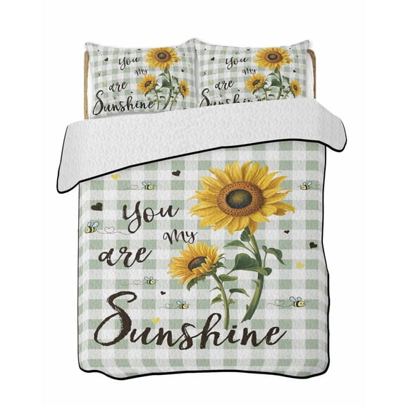 You Are My Sunshine Quilts Bedding Set California King Vintage Yellow Sunflower Floral Bees Sage Green Plaid Lightweight Quilted Bedspread 3 Piece Bed Quilt with 2 Pillow Shams for Bedroom 96" x 106"