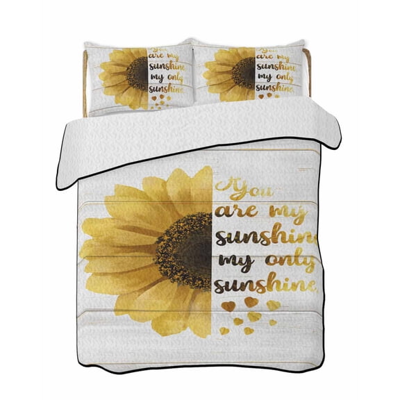 You Are My Sunshine Quilts Bedding Set Queen Size Vintage Country Yellow Sunflower Floral Wood Grain Lightweight Quilted Bedspread 3 Piece Bed Quilt with 2 Pillow Shams for Bedroom 78" x 90"