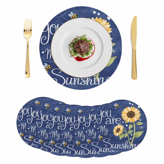 You Are My Sunshine Round 13 Inch Placemats Set of 8, Yellow Sunflowers Cute Bees Heart Blue HeatResistant Non Slip Place Mats for Dining Table, Wipeable Braided Kitchen Table Mats for Housewarming