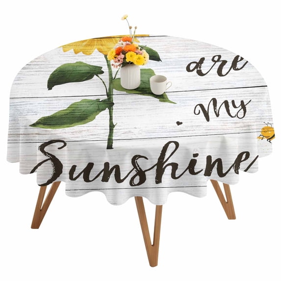 You Are My Sunshine Round Tablecloth 60 inches Country Watercolor Sunflower Floral Bees Wood Grain Waterproof Oil-Proof Table Cloth Round Table Cover for Holiday Party Picnic Dinner Decor