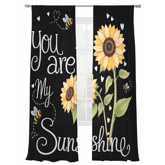 You Are My Sunshine Sheer Curtains 2 Panels Set Watercolor Sunflowers Floral Bees Black Sheer Window Curtains Light Filtering Rod Pocket Voile Drapes for Bedroom Living Room 52"X84"