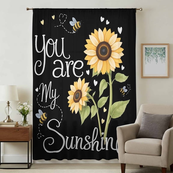 You Are My Sunshine Sheer Curtains 72 Inches Long, Yellow Sunflowers Cute Bees Heart Black Light Filering Curtains, Breathable Simi Curtain Privacy Drapes for Living Room Bedroom Window Treatment
