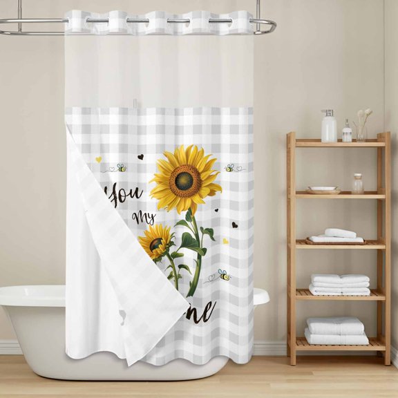 You Are My Sunshine Shower Curtain with Snap in Liner, Vintage Yellow Sunflower Floral Bees Light Grey Plaid Waterproof Shower Curtains with See Through Top Window Liner for Bathroom 36x72 Inches