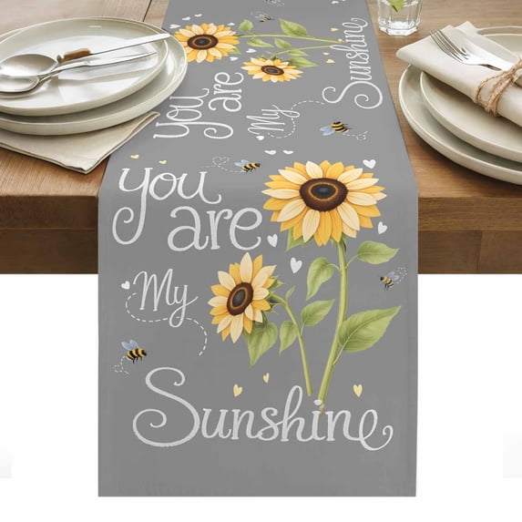 You Are My Sunshine Table Runner - 108 Inch Long, Kitchen Dining Table Runner Dresser Scarves, Yellow Sunflowers Cute Bees Heart Grey Farmhouse Decor for Coffee Tables Wedding Party Banquet