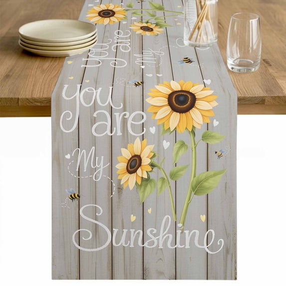 You Are My Sunshine Table Runner 48 Inches Long Farmhouse Dress Scarves, Yellow Sunflowers Cute Bees Heart Retro Wood Dining Tablerunner for Coffee Table/Kitchen Island/Party Décor, 13" x 48"